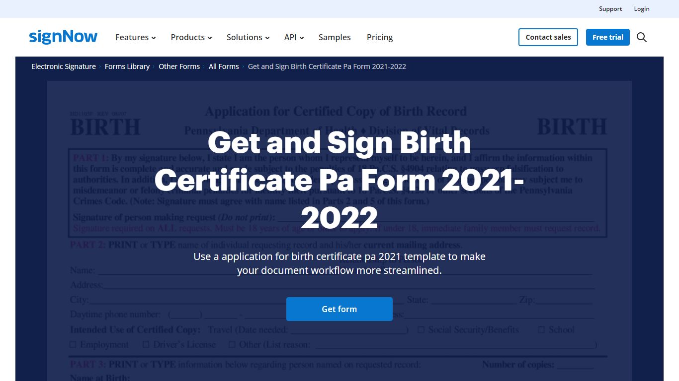 Application For Birth Certificate Pa - signNow